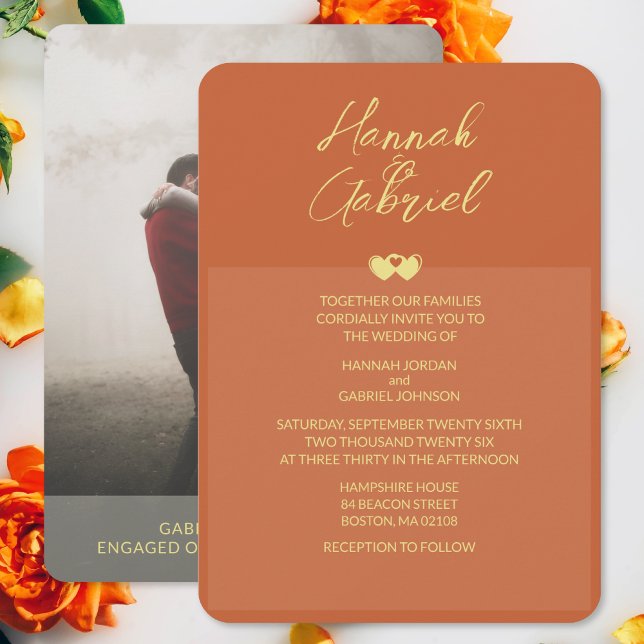 Convite Dourado para casamento de fotos Terracotta (The front and back of the Terracotta Gold Add Photo Wedding Invitation)