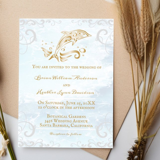 Convite Dourado para Casamento de Golfinhos (Gold Dolphin Wedding Invitation)