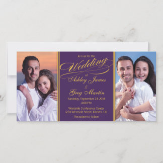Convite Dourado para casamento de imagens roxas e
