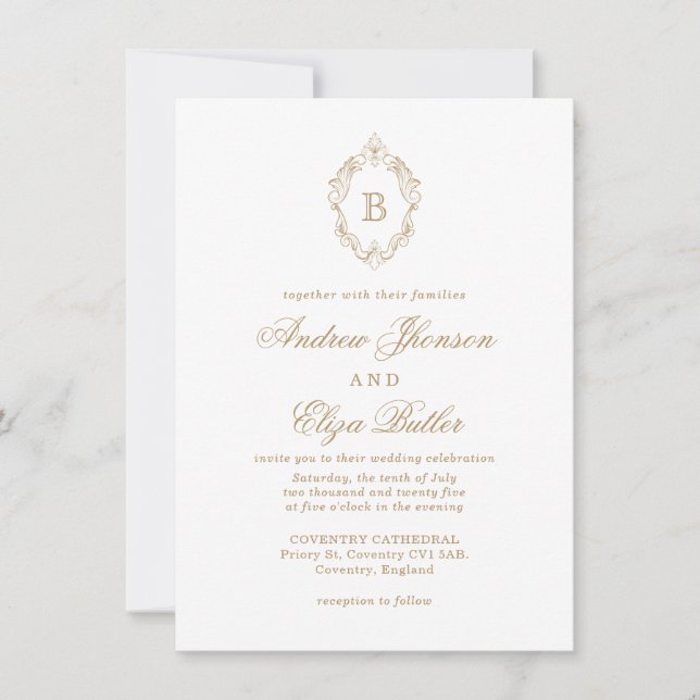 Convite Dourado para Casamento de Monograma Clássi (Frente)