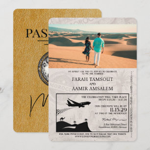 Convite Dourado para casamento de passaporte marro