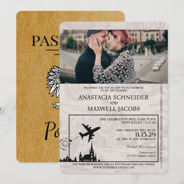 Convite Dourado para casamento de passaporte Polôn (Frente/Verso)