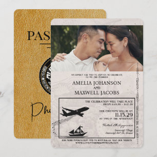 Convite Dourado para casamento de passaportes nas 