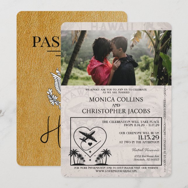 Convite Dourado para Casamento de Passaportes no H (Frente/Verso)