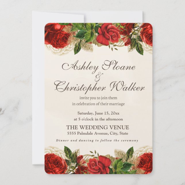 Convite Dourado para Casamento de Rosas Elegante R (Frente)