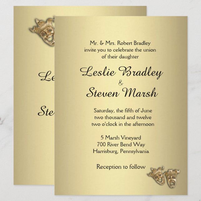 Convite Dourado para Casamento de Teatro (Frente/Verso)