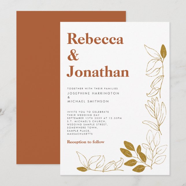 Convite Dourado para Casamento de Terracotta Folha (Frente/Verso)
