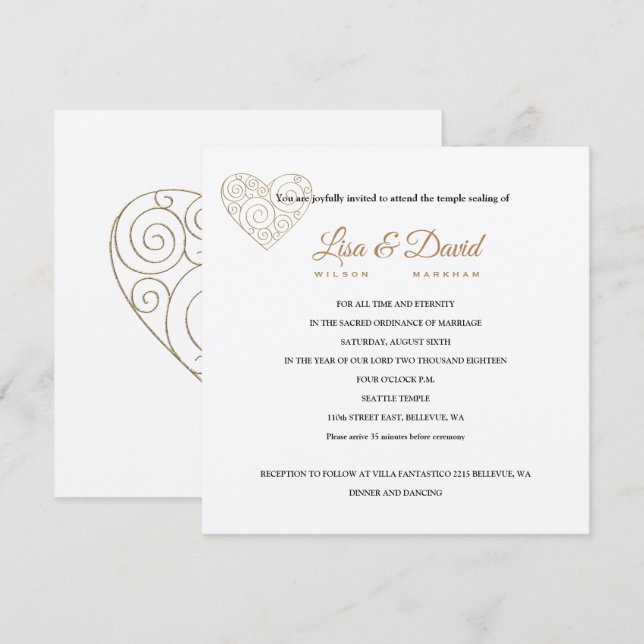 Convite Dourado para Casamento e Recepção de Templ (Frente/Verso)