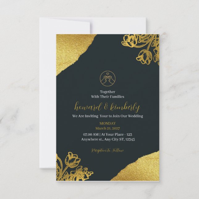 Convite Dourado para Casamento Elegante (Frente)