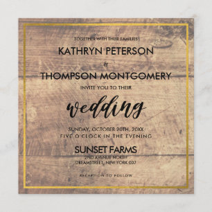 Convite Dourado para Casamento Elegante Wooden