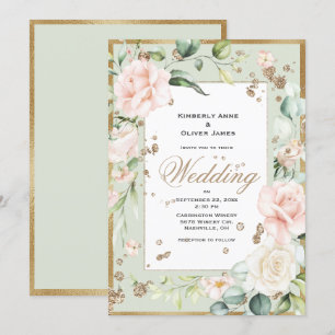 Convite Dourado para Casamento Floral, , Rosa Eleg