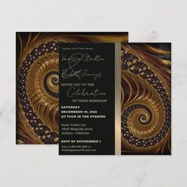 Convite Dourado para Casamento Fractal Espiral (Frente/Verso)