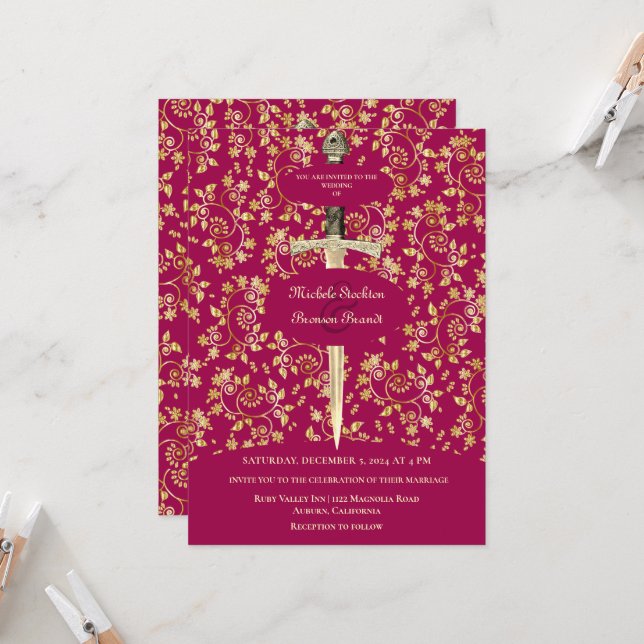 Convite Dourado para Casamento Medieval (Frente/Verso In Situ)