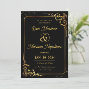 Convite Dourado para casamento moderno negro