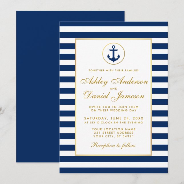 Convite Dourado para Casamento Náutico Blue Stripe (Frente/Verso)