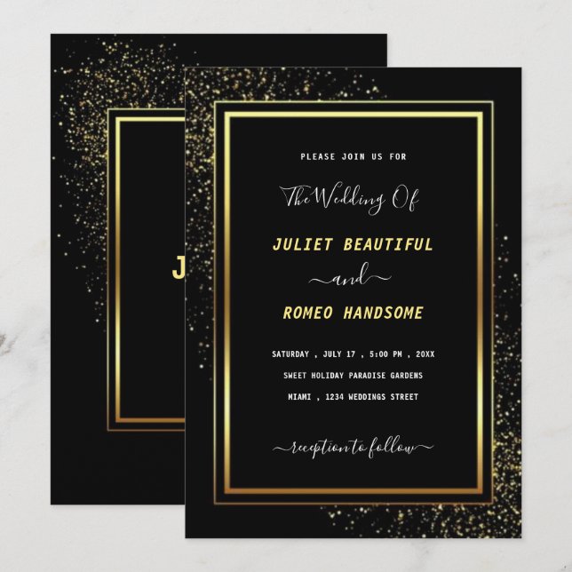 Convite Dourado para Casamento Negro - Cartão de C (Frente/Verso)