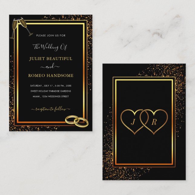 Convite Dourado para Casamento Negro com Anéis (Frente/Verso)