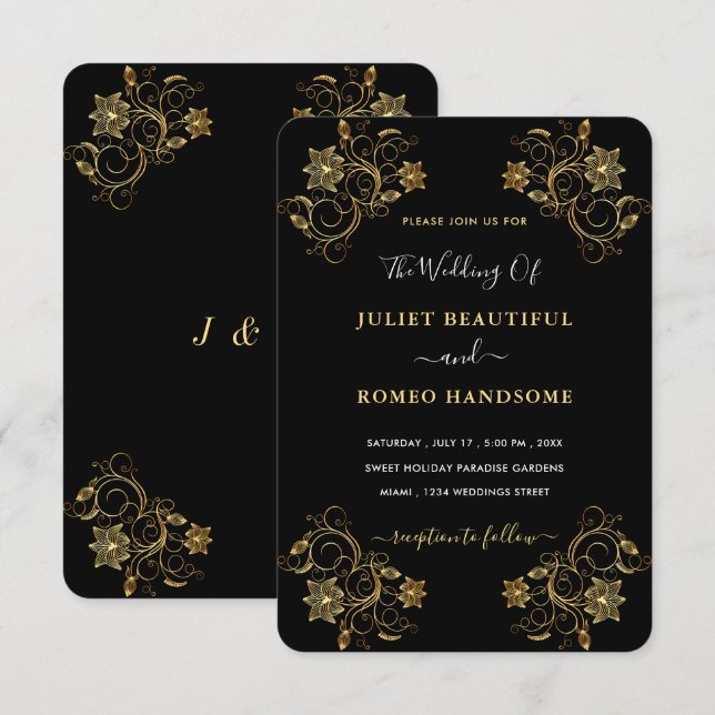 Convite Dourado para Casamento Negro com Flores (Frente/Verso)