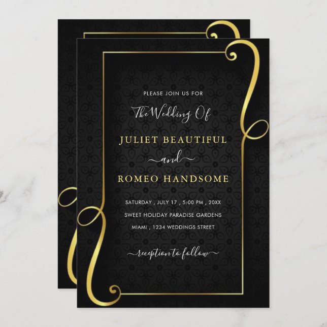 Convite Dourado para Casamento Negro Ouro de Luxo (Frente/Verso)