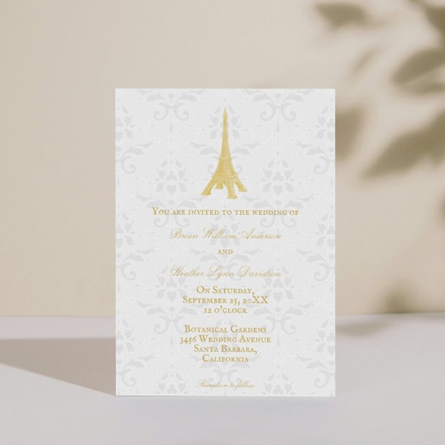 Convite Dourado para Casamentos tema damasco de to (Gold Eiffel Tower Damask Wedding Invitation)