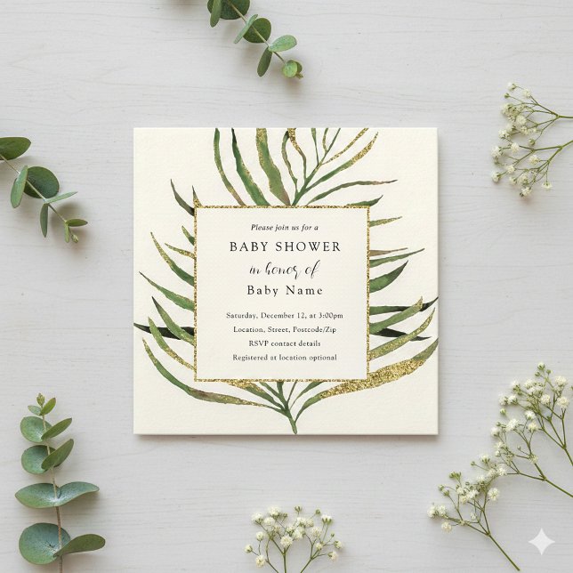 convite Dourado para chá de fraldas de palma (Gold palm leaf baby shower invitation.)