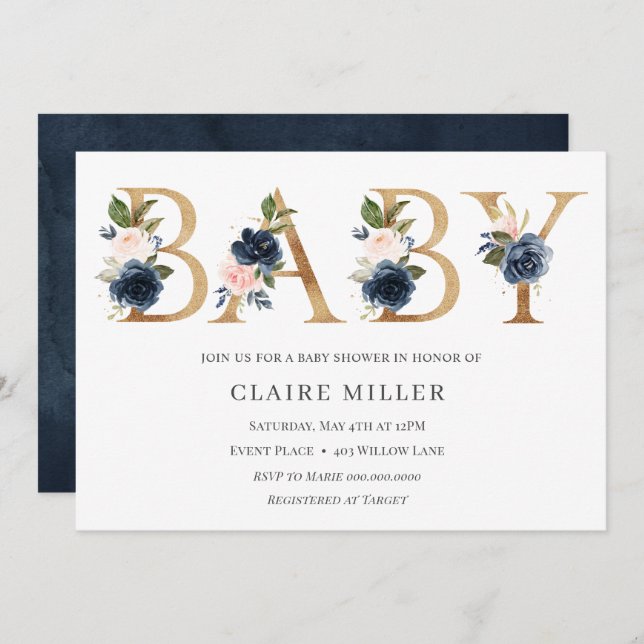 Convite Dourado para Chá de fraldas Floral (Frente/Verso)