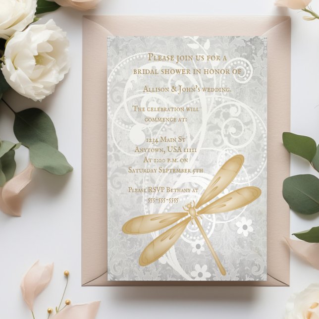 Convite Dourado para Chá de panela Dragonfly (Gold Dragonfly Bridal Shower Invitation)