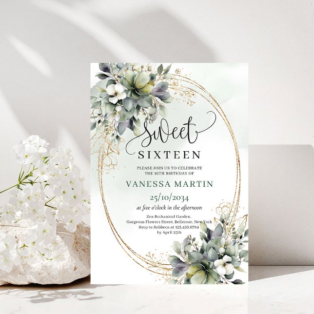 Convite Dourado para Doce 16 Anos de Eucalipto Ver (Dusty Green Eucalyptus Sweet 16 Gold Invitation)