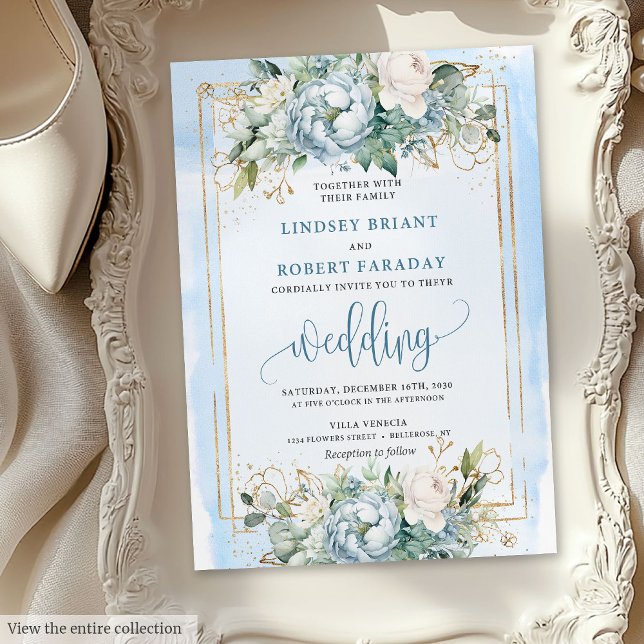 Convite Dourado para peonias Azul Pastel Azul Eleg (Elegant Pastel Blue White Gold Peonies Invitation)