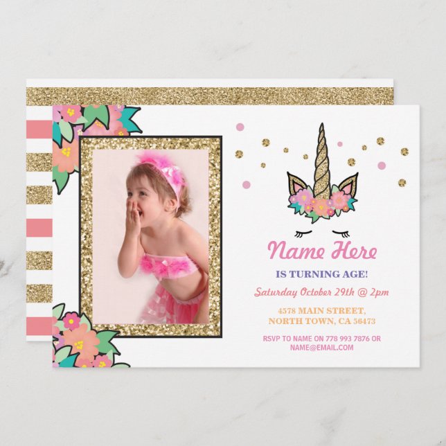 Convite Dourado para qualquer idade da Festa de an (Frente/Verso)