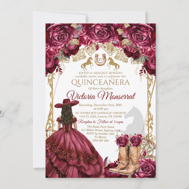 Convite Dourado para Quinceañera Burgundy (Frente)