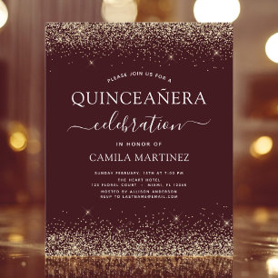 Convite Dourado para Quinceanera Burgundy