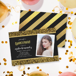 Convite Dourado para Quinceanera Foto Glitter