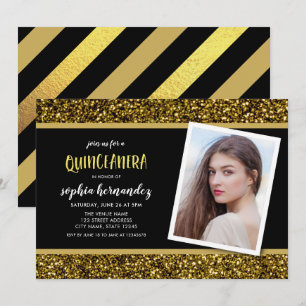 Convite Dourado para Quinceanera Foto Glitter