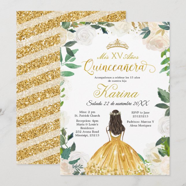 Convite Dourado para Quinceanera White Floral Mexi (Frente/Verso)
