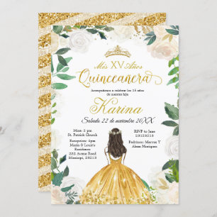 Convite Dourado para Quinceanera White Floral Mexi