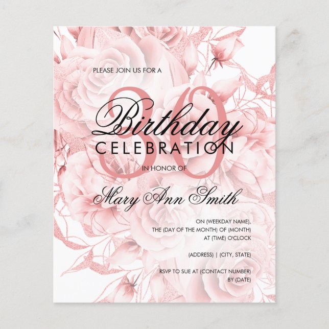 Convite Dourado para Rosa Floral aniversário de 30 (Frente)