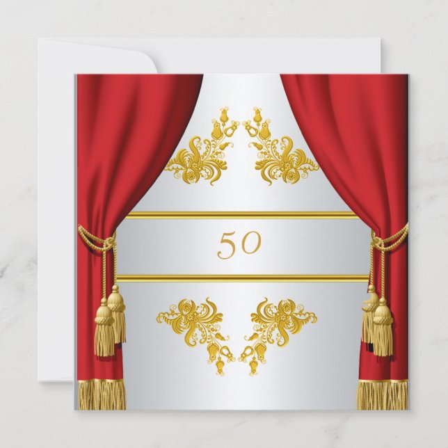 Convite Dourado Prata Cortina Vermelha Aniversário (Frente)
