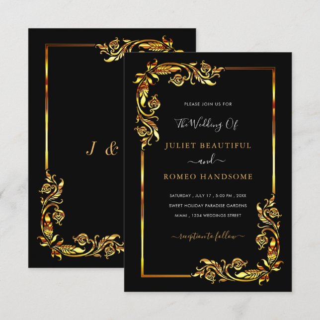 Convite Dourado Preto para Casamento com Quadro de (Frente/Verso)