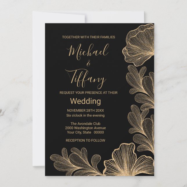 Convite Dourado Romântico de Casamento (Frente)