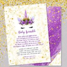 Convite Dourado Roxo para o Bebê do Unicorn
