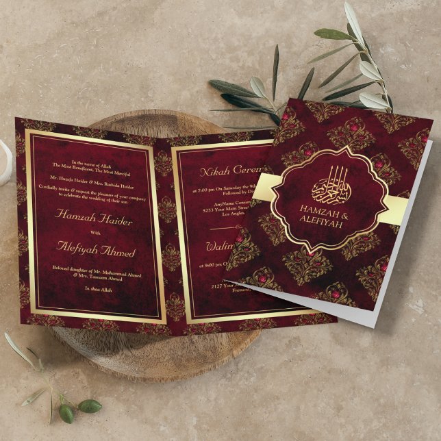 Convite Dourado Rústico Vermelho Marrom Damasko Casamento  (Criador carregado)