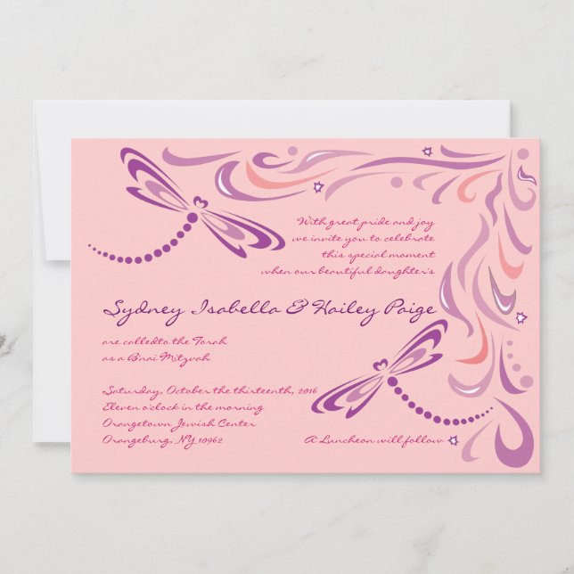 Convite DRAGONFLIES B'nai Mitzvah (Frente)