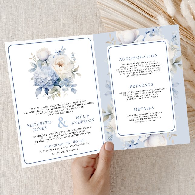 Convite Dusty Blue and White Floral All in One Wedding (Criador carregado)
