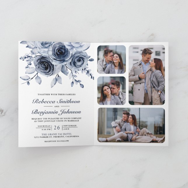 Convite Dusty Blue Floral Photo Collage QR Code Wedding (Interior)