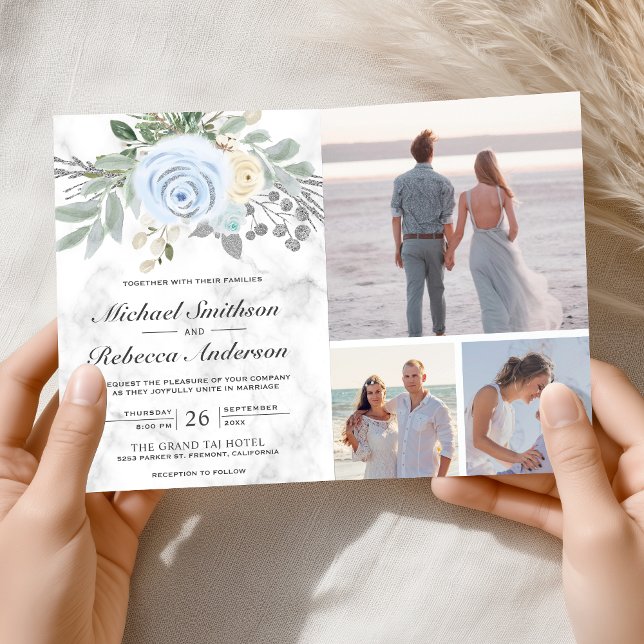 Convite Dusty Blue Floral White Marble QR Code Wedding (Criador carregado)