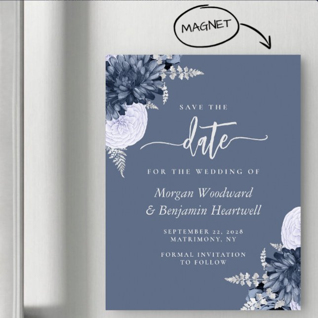 Convite Dusty Blue Silver Floral Wedding Save the Date (Criador carregado)