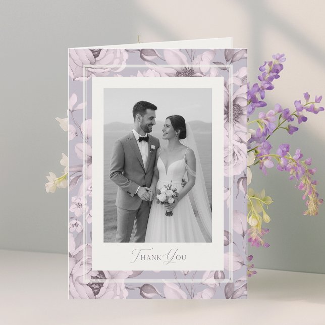 Convite Dusty Lavender Floral Wedding Photo Thank You Card (Criador carregado)