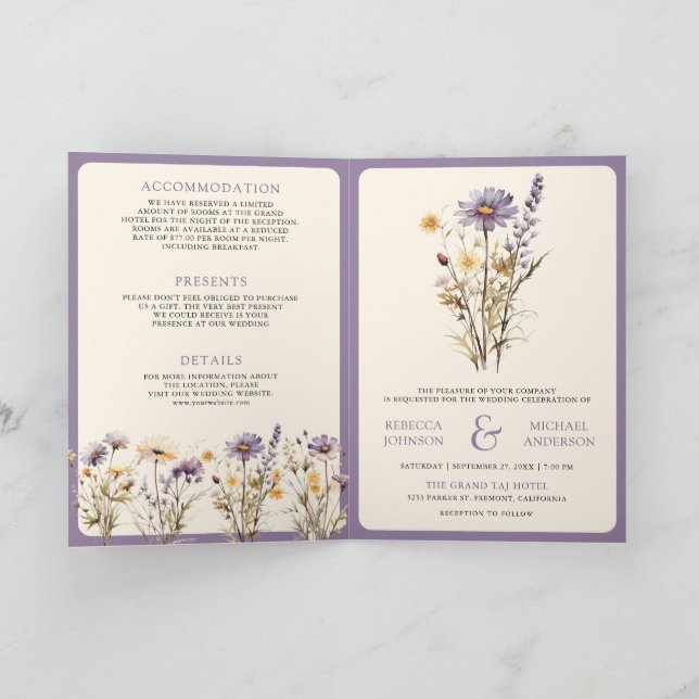 Convite Dusty Purple Boho Wildflower QR Code Wedding (Interior)