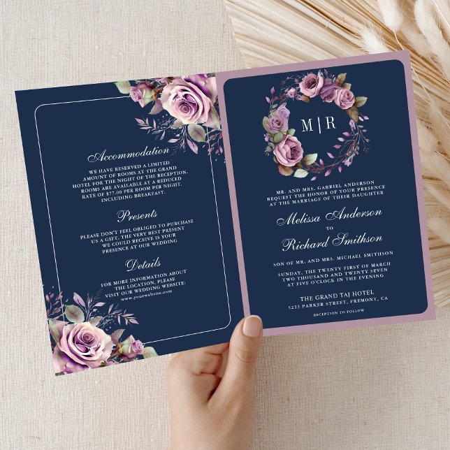 Convite Dusty Purple Floral QR Code Navy Blue Wedding (Criador carregado)